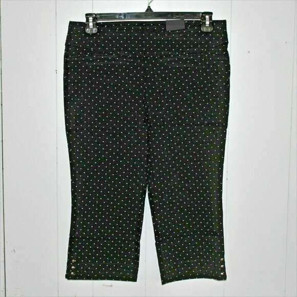 Womens Large New Capris Cropped Pants Smoothing Black White Polka Dot Stretch - Picture 2 of 7